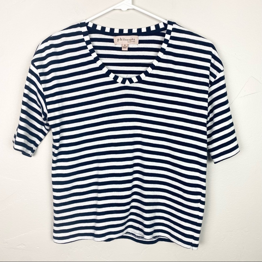 Philosophy | Blue and White Striped Quarter Length Sleeve Cropped T-Shirt